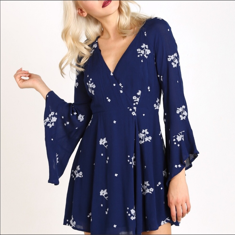 Free People Navy Bell Sleeve Embroidered Dress - Picture 9 of 10